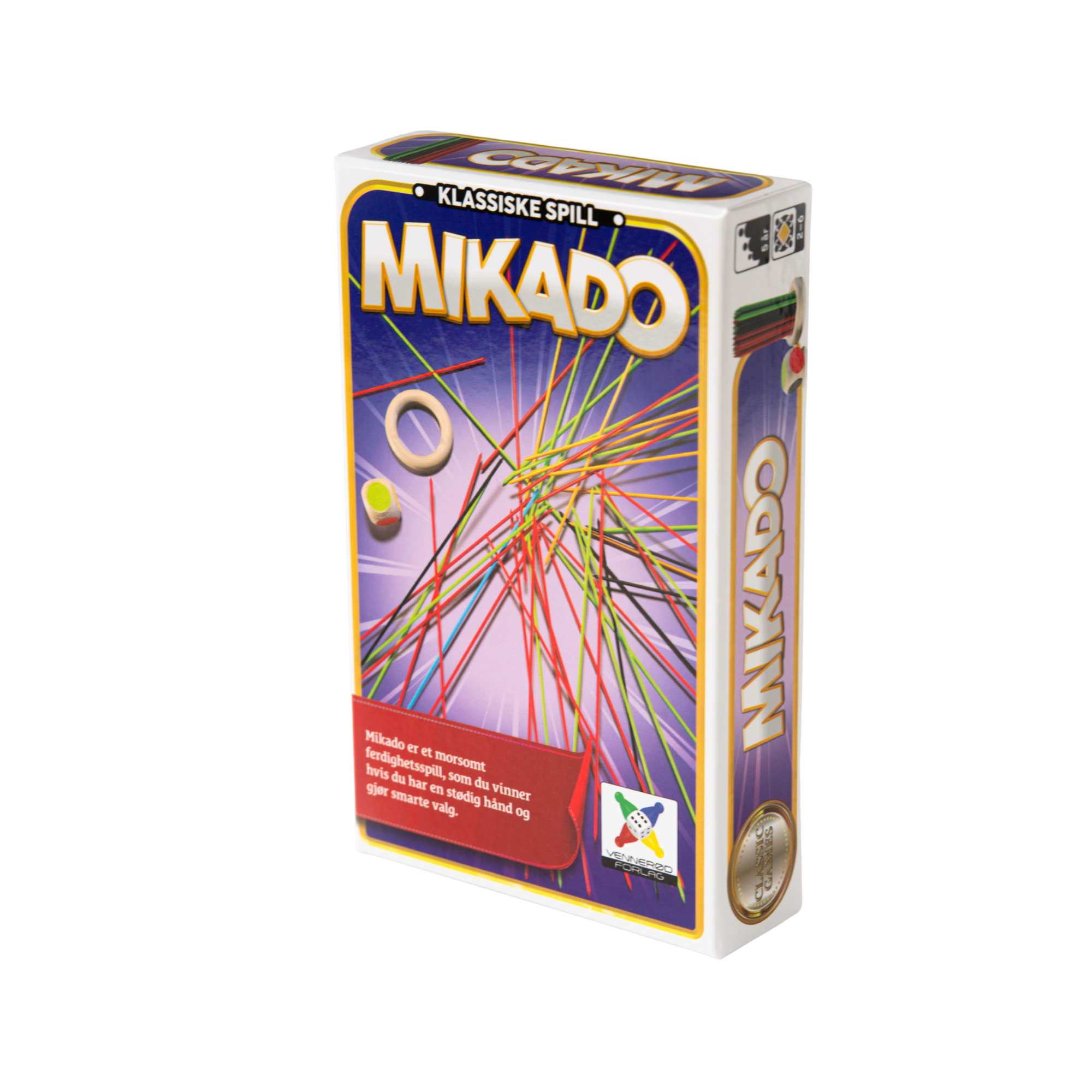 Reisespill Mikado lilla eske med motiv av fargerike pinner, ring og terning